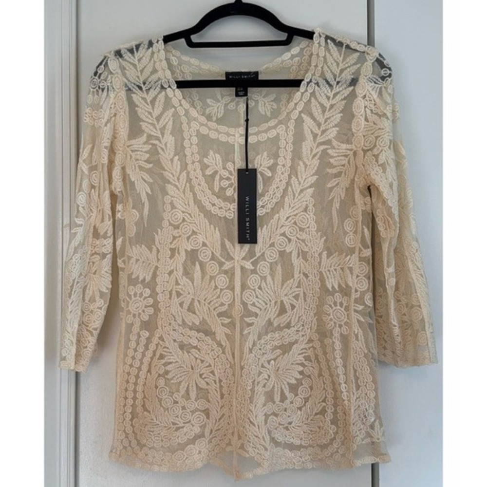 Willi Smith Womens Cream Embroidered Sheer Mesh 3/4 Sleeve Blouse Top XS NWT